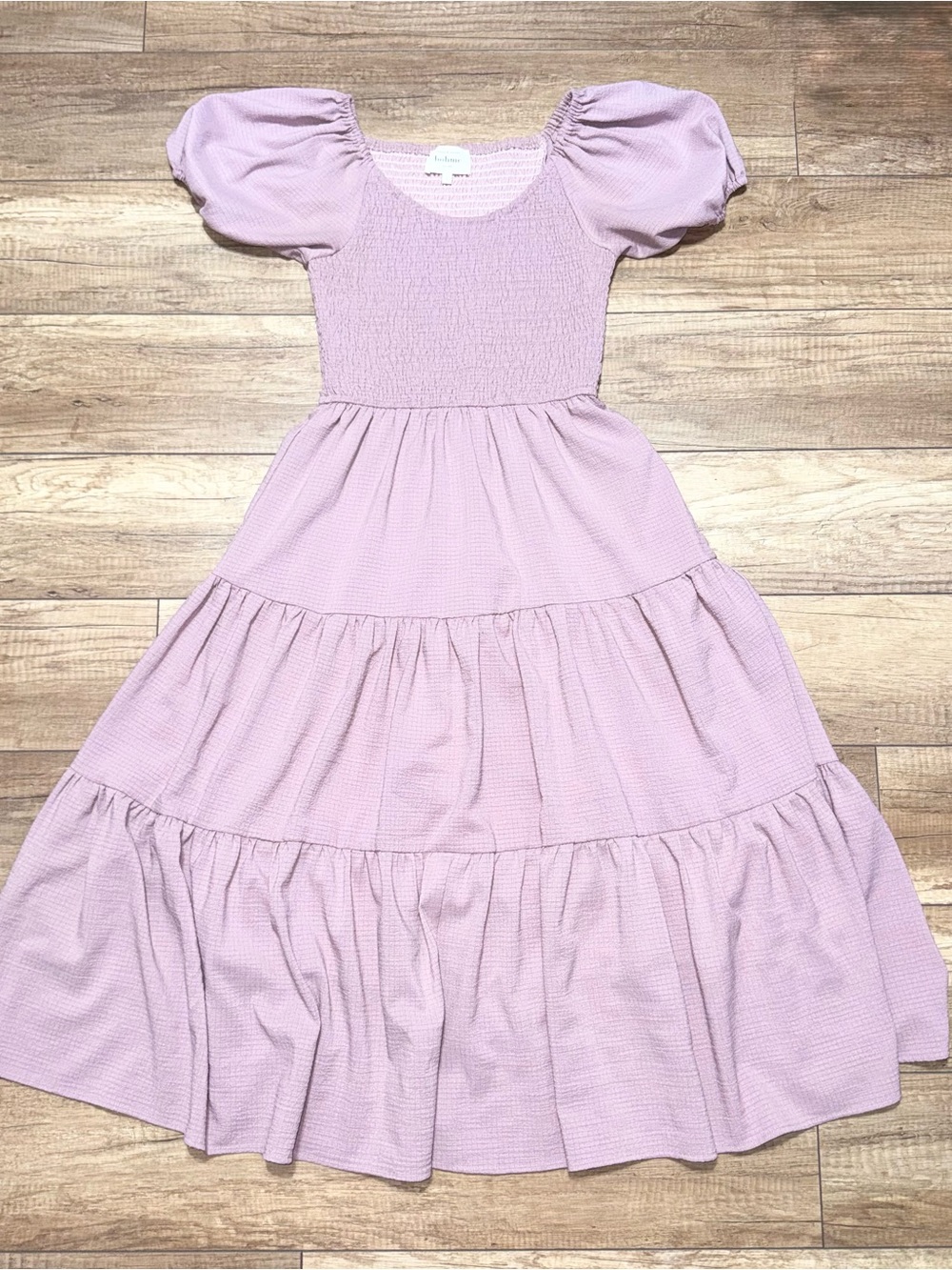 Bohme Boutique Flowy Tiered Boho Puff Sleeve Pink Princess Midi Dress Womens S